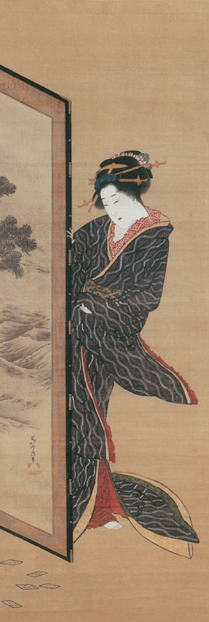 Courtesan Peeping Behind a Folding Screen