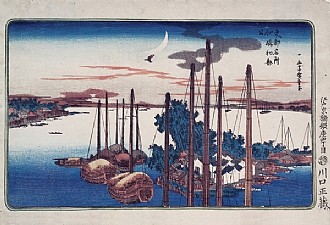 Tsukudajima, the First Cuckoo of the Year 

From the series "Famous Places of the Eastern Capital" (Toto meisho) 

Ando Hiroshige (1797-1858) 

Signature: Ichiyusai Hiroshige ga 

Publisher: Kawaguchiya Shozo, Shoeido 

Censor's seal: kiwame 

Oban, woodblock colour print 

1831 

22.2 x 36.1 cm 

  

The first cuckoo of the year was heard in Edo in May. 

  
