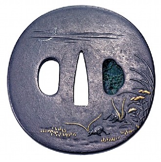 Tsuba (Sword Handguard) 

Autumn Grass, Crickets, Crescent Moon, 

Stream and Reeds 

Signature: made by Masamitsu, Inshu School 

Iron, gold, copper and shakudo 

(copper, bronze and gold alloy) inlay 

Early 19th c. 

7.7 x 7.4 cm