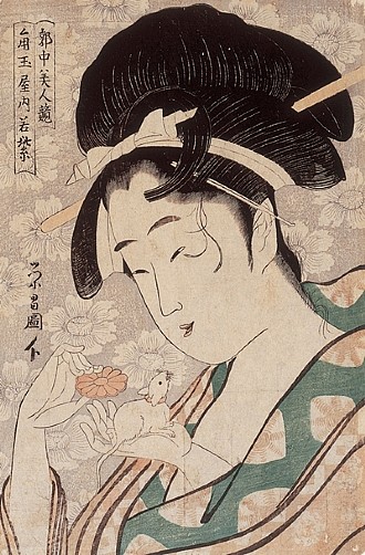 Wakamurasaki of (Kado) Sumi-Tamaya House 

From the series "Contest of Beauties of the Pleasure Quarter" (Kakuchu bijin Kurabe) 

Chokusai Eisho (active 1780-1800) 

Signature: Eisho zu 

Publisher: Yamaguchi-ya Chusuke 

Oban, woodblock colour print 

Ca. 1796 

38.2 x 25.1 cm