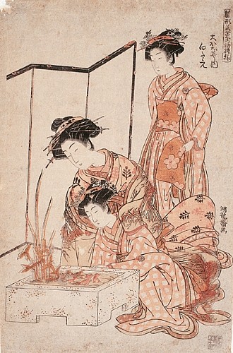 Shirotae of Okanaya and Two Unidentified Attendants 

From the series "Fashion Models: New Designs as Fresh as Young Leaves"